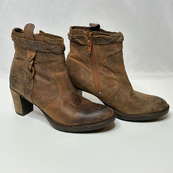 PLDM Palladium Leather Ankle Boots Womens 7.5 Stony CSR Heel Brown Booties Braid - Picture 1 of 14